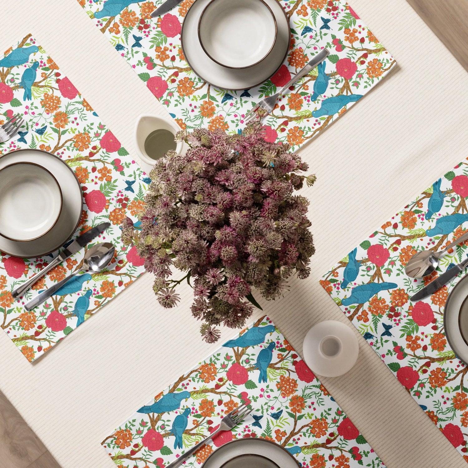 Kate McEnroe New York Set of 4 Chinoiserie Floral and Exotic Bird Botanical Garden Placemats in Pink, Green, Orange and Blue by Kate McEnroe New York - KM13809925Placemats9417303_17484