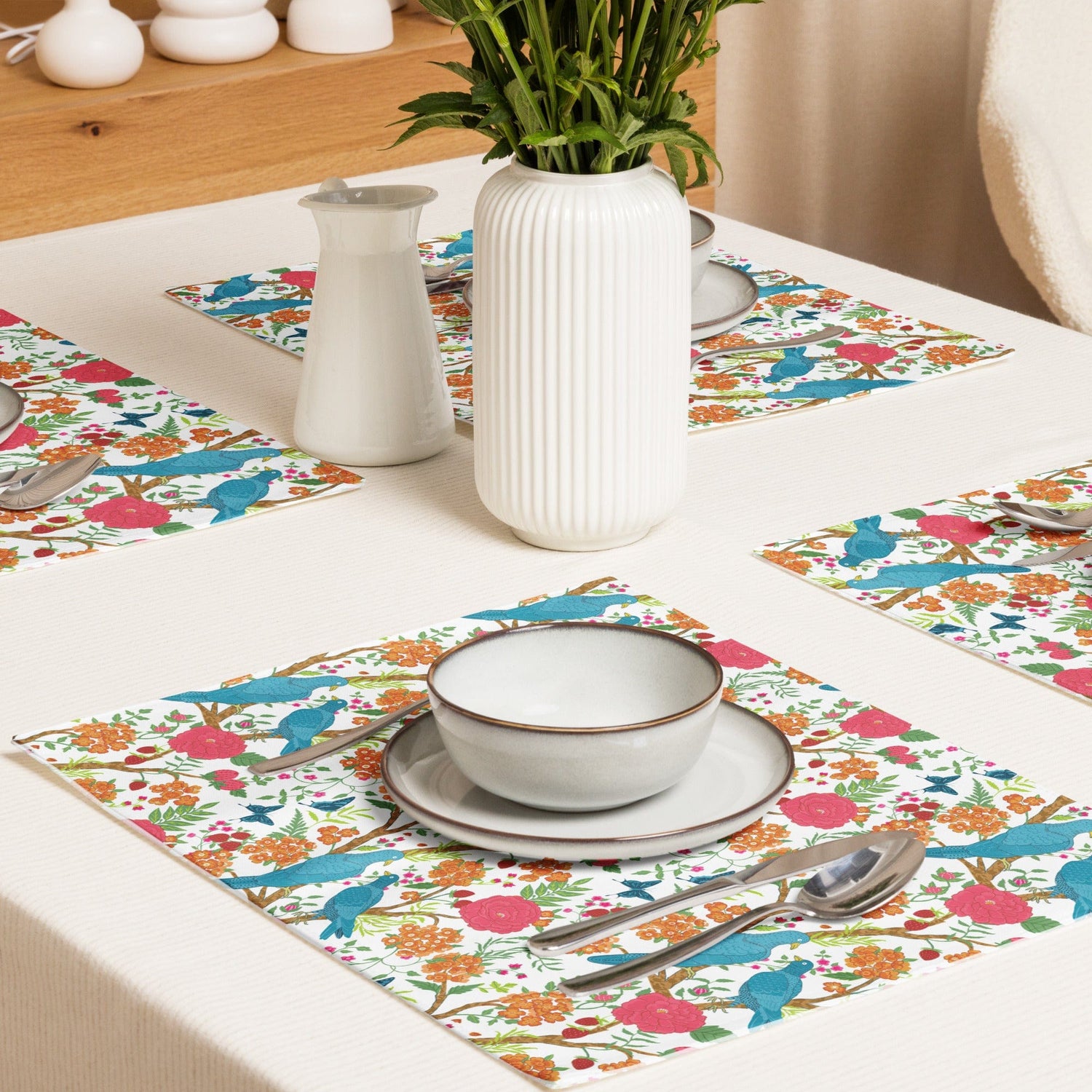 Kate McEnroe New York Set of 4 Chinoiserie Floral and Exotic Bird Botanical Garden Placemats in Pink, Green, Orange and Blue by Kate McEnroe New York - KM13809925Placemats9417303_17484