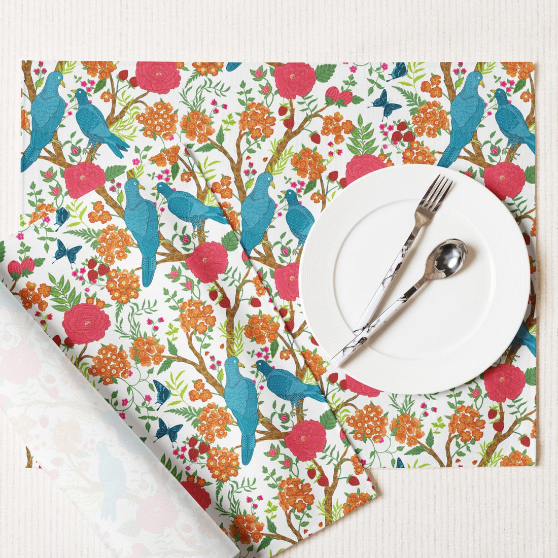 Kate McEnroe New York Set of 4 Chinoiserie Floral and Exotic Bird Botanical Garden Placemats in Pink, Green, Orange and Blue by Kate McEnroe New York - KM13809925Placemats9417303_17484