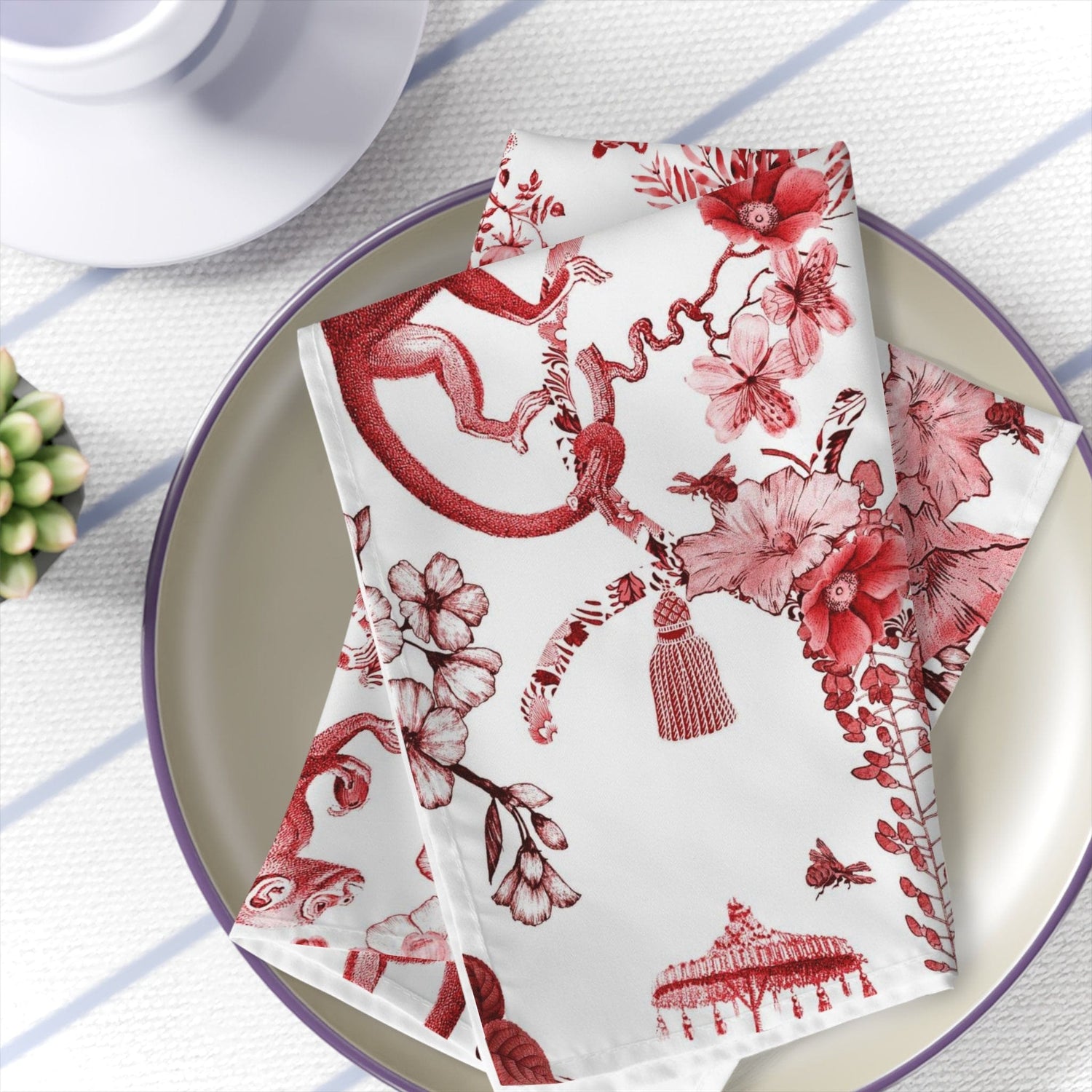 Kate McEnroe New York Set of 4 Chinoiserie Jungle Botanical Toile Cloth Napkins, Red, White Chinoiserie Floral Table Linens, Country Farmhouse Decor - 131682623Napkins61400841615176268880