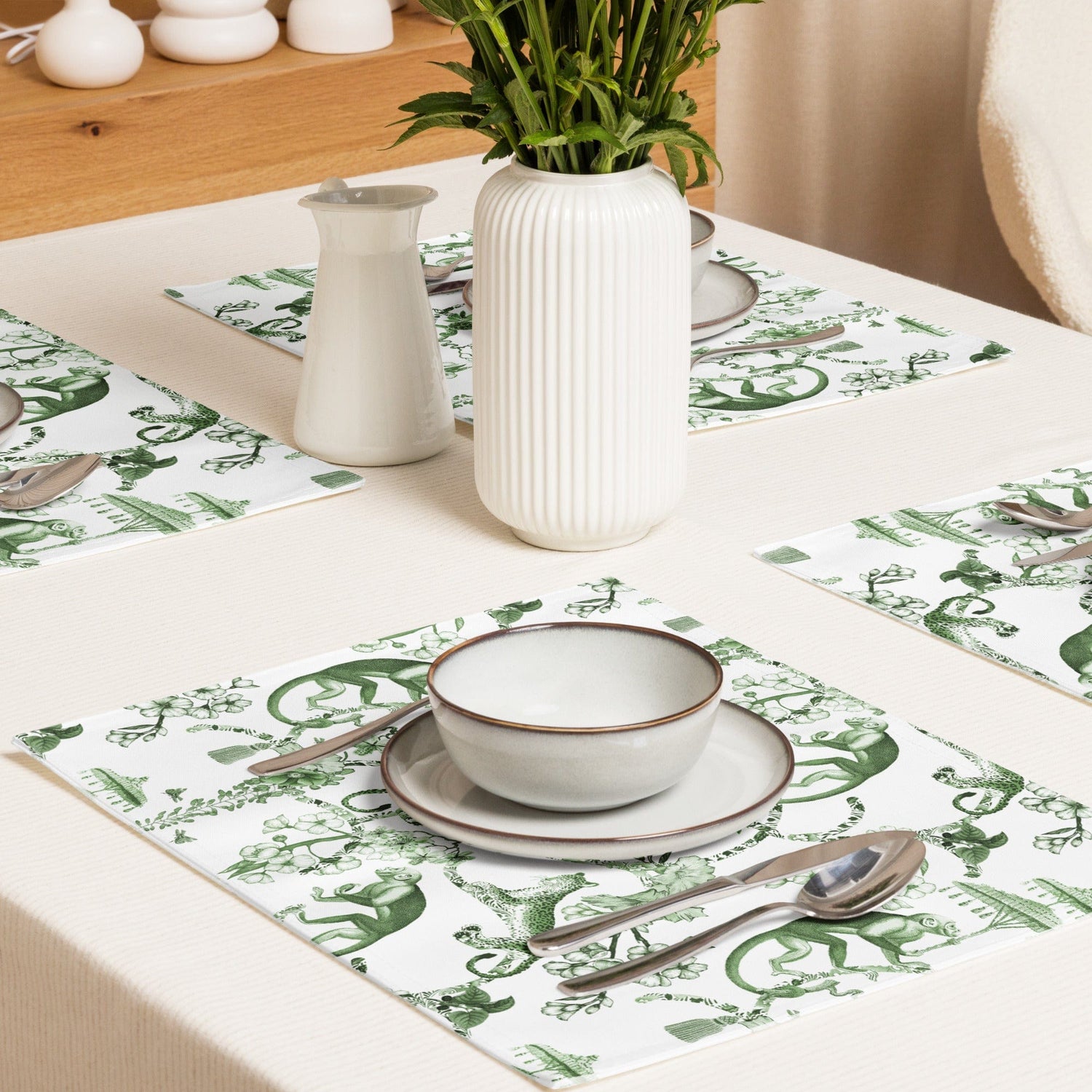 Kate McEnroe New York Set of 4 Chinoiserie Placemats, Floral Green, White Chinoiserie Jungle Table Linen, Country Farmhouse Botanical Toile Table DecorPlacemats8608700_17484