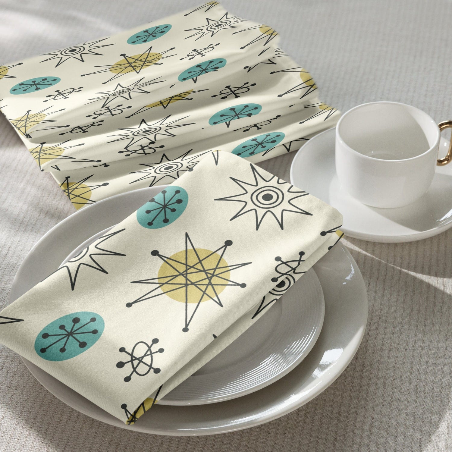 Kate McEnroe New York Set of 4 Classic Franciscan Starburst Napkins, 50s Mid Century Modern Atomic Retro Cream, Aqua Blue, Green Table LinensNapkins17582243983817719916