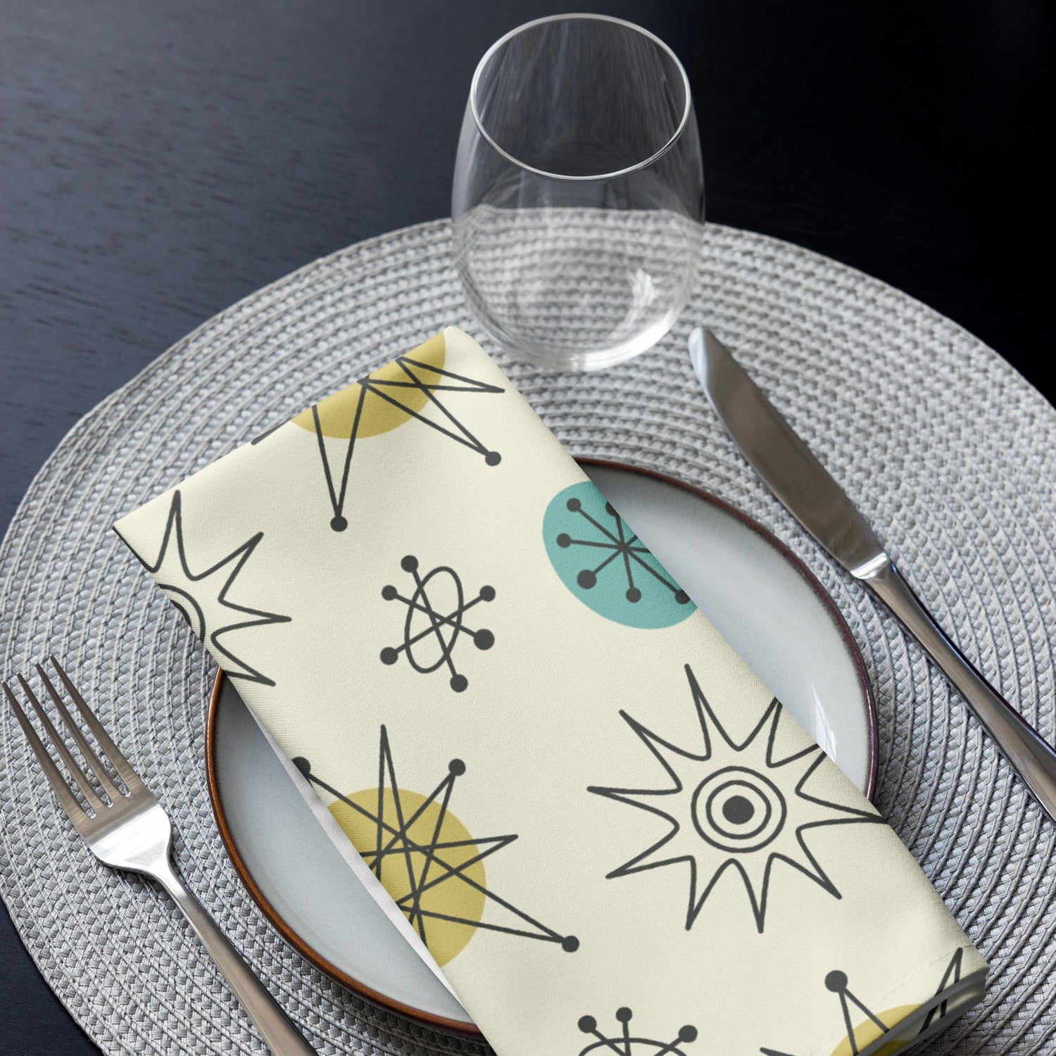 Kate McEnroe New York Set of 4 Classic Franciscan Starburst Napkins, 50s Mid Century Modern Atomic Retro Cream, Aqua Blue, Green Table LinensNapkins17582243983817719916