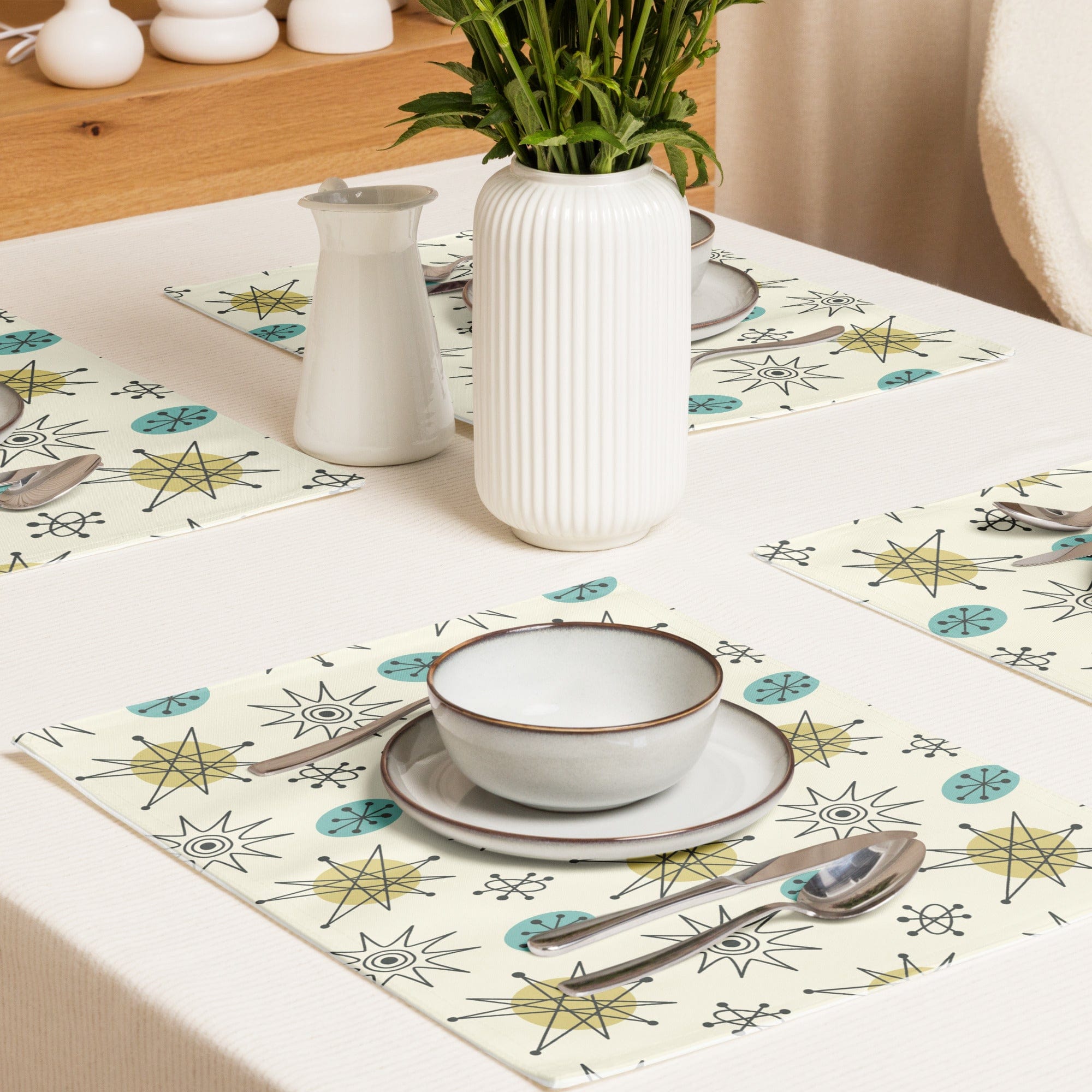 Kate McEnroe New York Set of 4 Classic Franciscan Starburst Placemats, 50s Mid Century Modern Atomic Retro Cream, Aqua Blue, Green Table MatsPlacemats6676390_17484