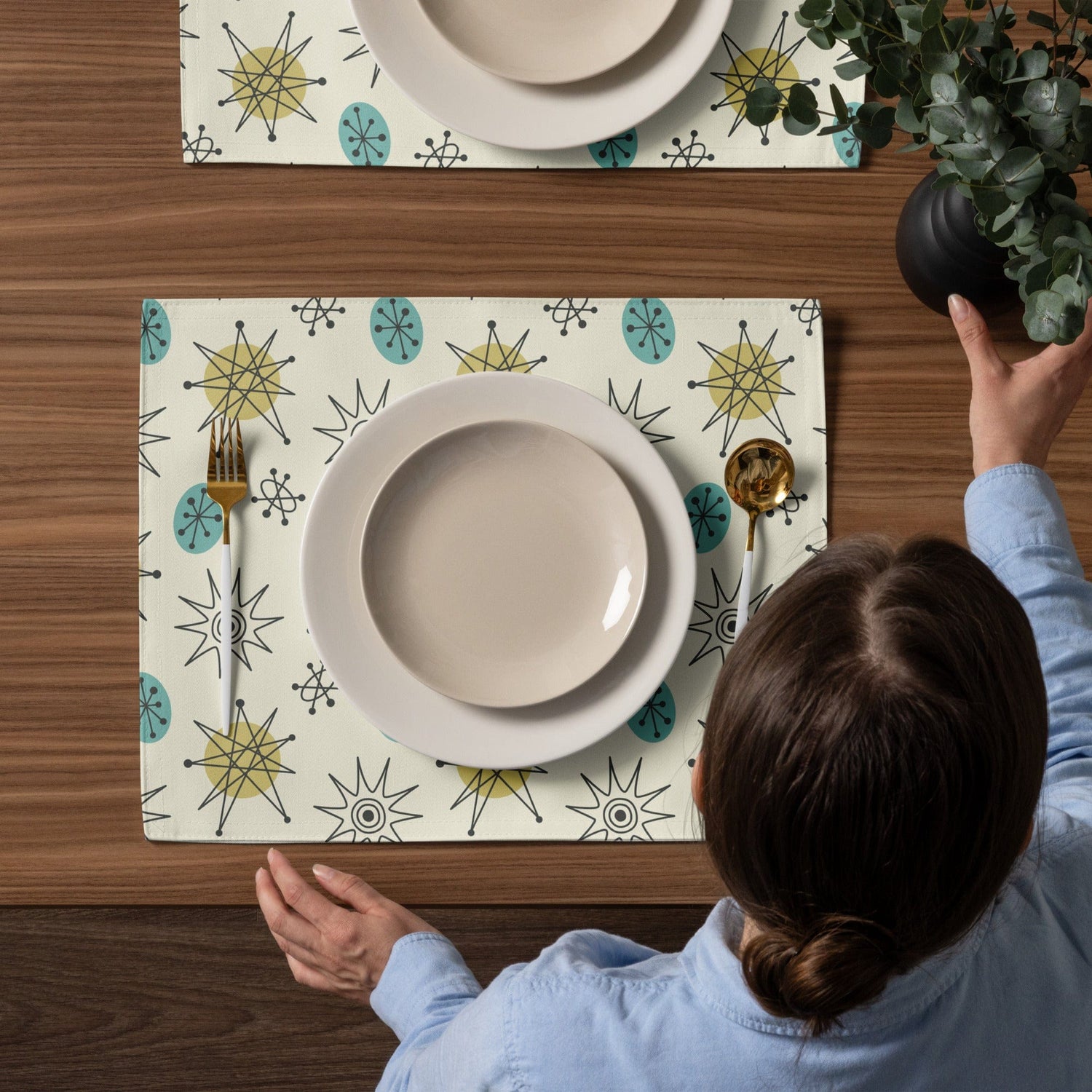 Kate McEnroe New York Set of 4 Classic Franciscan Starburst Placemats, 50s Mid Century Modern Atomic Retro Cream, Aqua Blue, Green Table MatsPlacemats6676390_17484