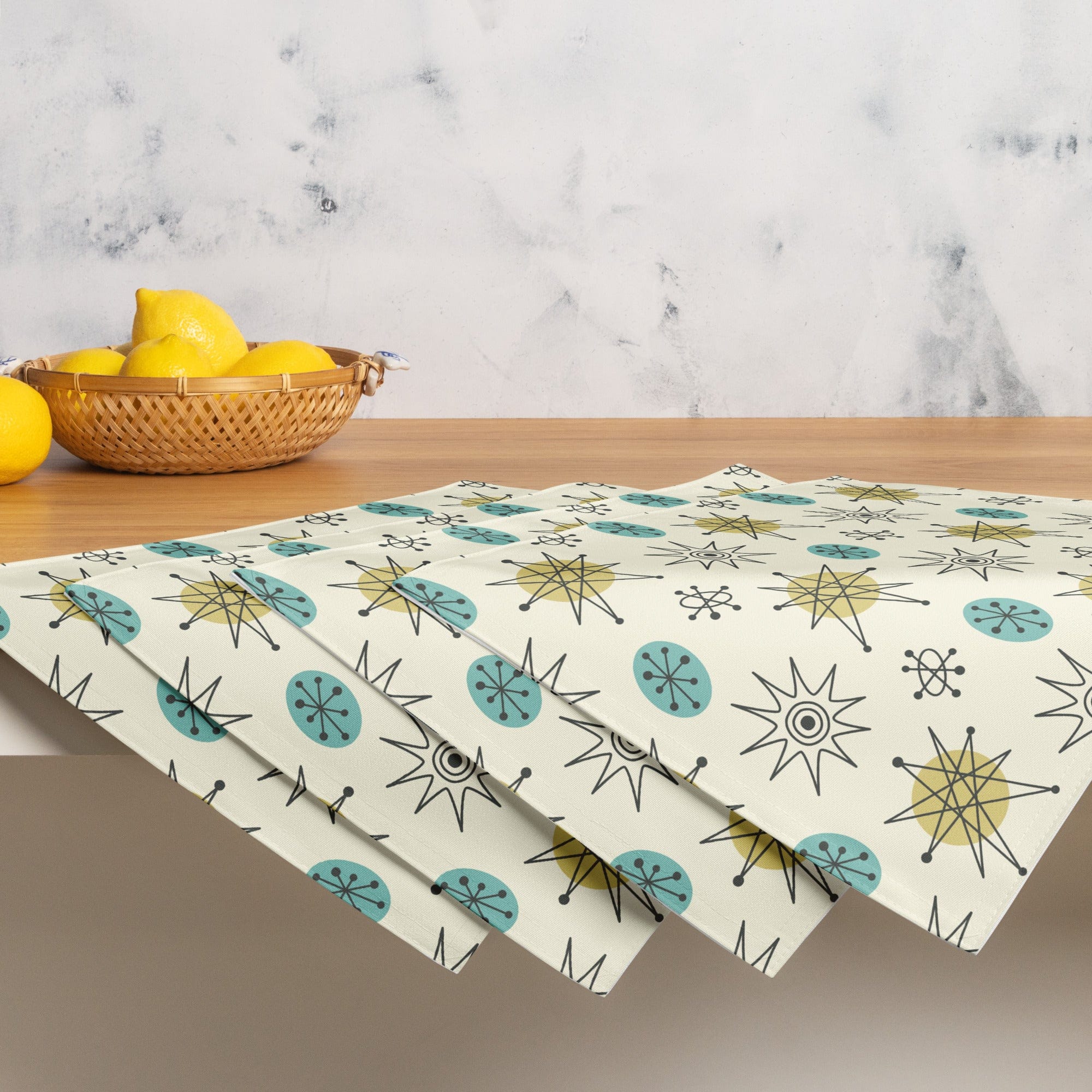 Kate McEnroe New York Set of 4 Classic Franciscan Starburst Placemats, 50s Mid Century Modern Atomic Retro Cream, Aqua Blue, Green Table MatsPlacemats6676390_17484