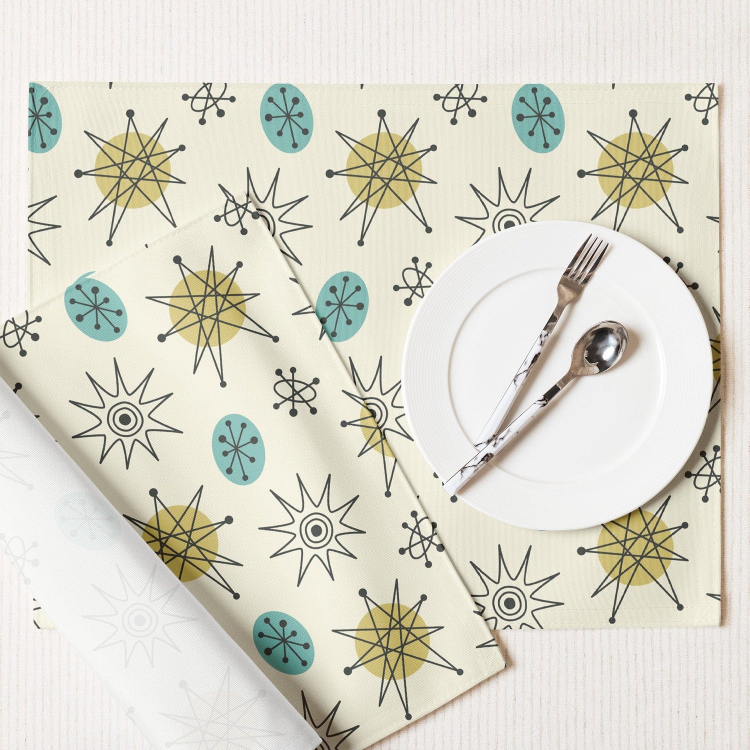 Kate McEnroe New York Set of 4 Classic Franciscan Starburst Placemats, 50s Mid Century Modern Atomic Retro Cream, Aqua Blue, Green Table MatsPlacemats6676390_17484