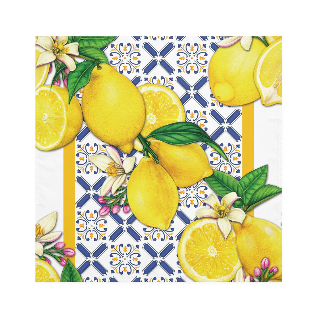 Printify Set of 4 Cobalt Blue and Yellow Cloth Napkins, Lemon &amp; Tiles Design, Mediterranean Floral Dining Table Linens, Fall Home Decor, Hostess Gift Accessories 4-piece set / White / 19&quot; × 19&quot; 26542376096425552686