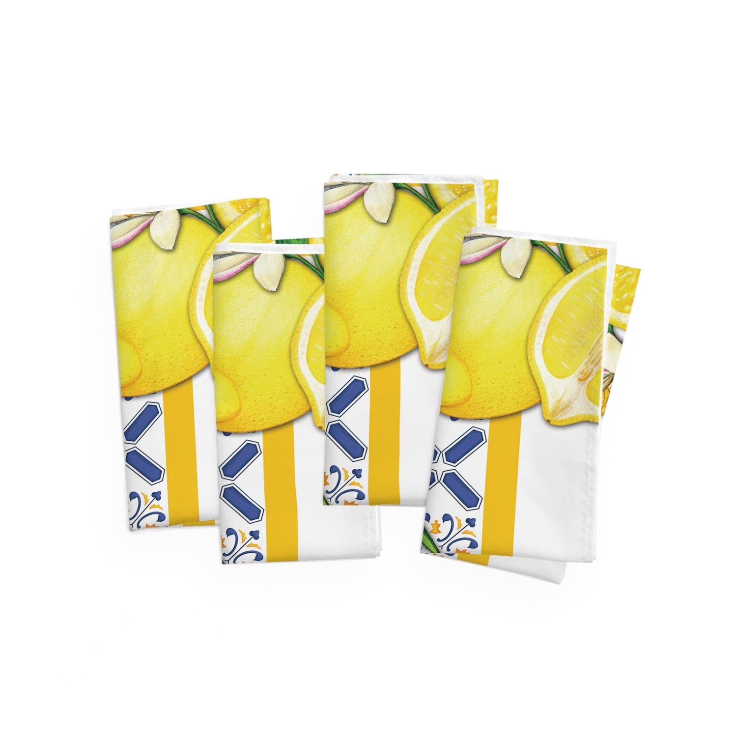 Printify Set of 4 Cobalt Blue and Yellow Cloth Napkins, Lemon &amp; Tiles Design, Mediterranean Floral Dining Table Linens, Fall Home Decor, Hostess Gift Accessories 4-piece set / White / 19&quot; × 19&quot; 26542376096425552686