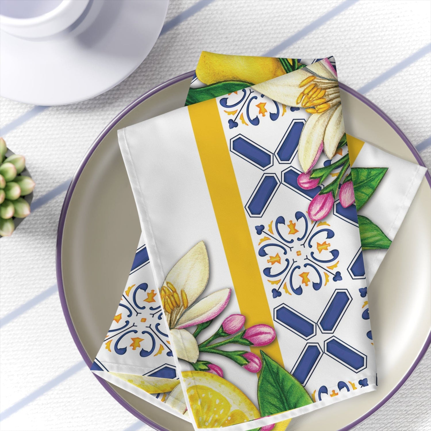 Kate McEnroe New York Set of 4 Cobalt Blue and Yellow Cloth Napkins, Lemon &amp; Tiles Design, Mediterranean Floral Dining Table Linens, Fall Home Decor, Hostess GiftNapkins26542376096425552686