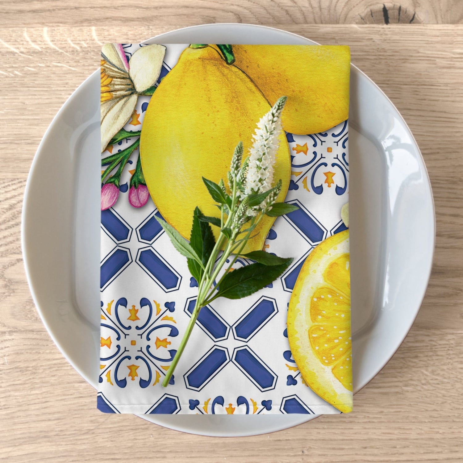 Kate McEnroe New York Set of 4 Cobalt Blue and Yellow Cloth Napkins, Lemon &amp; Tiles Design, Mediterranean Floral Dining Table Linens, Fall Home Decor, Hostess GiftNapkins26542376096425552686