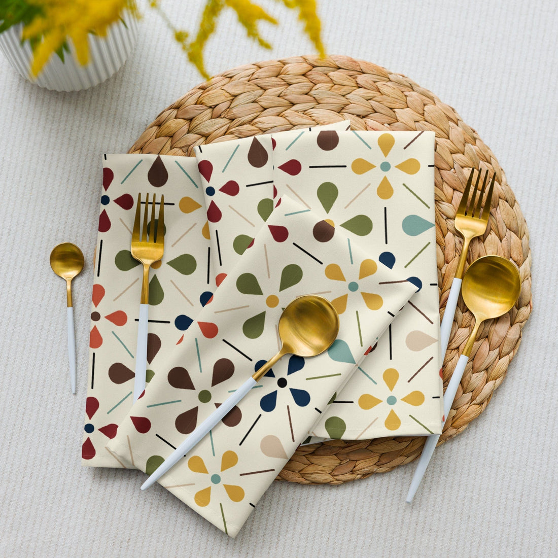 Kate McEnroe New York Set of 4 Mid Century Modern Retro Floral Napkins, 50s MCM Cream, Teal, Mustard, and Rust Table Linens Napkins 4-piece set / 19&quot; × 19&quot; 23115185208376170214