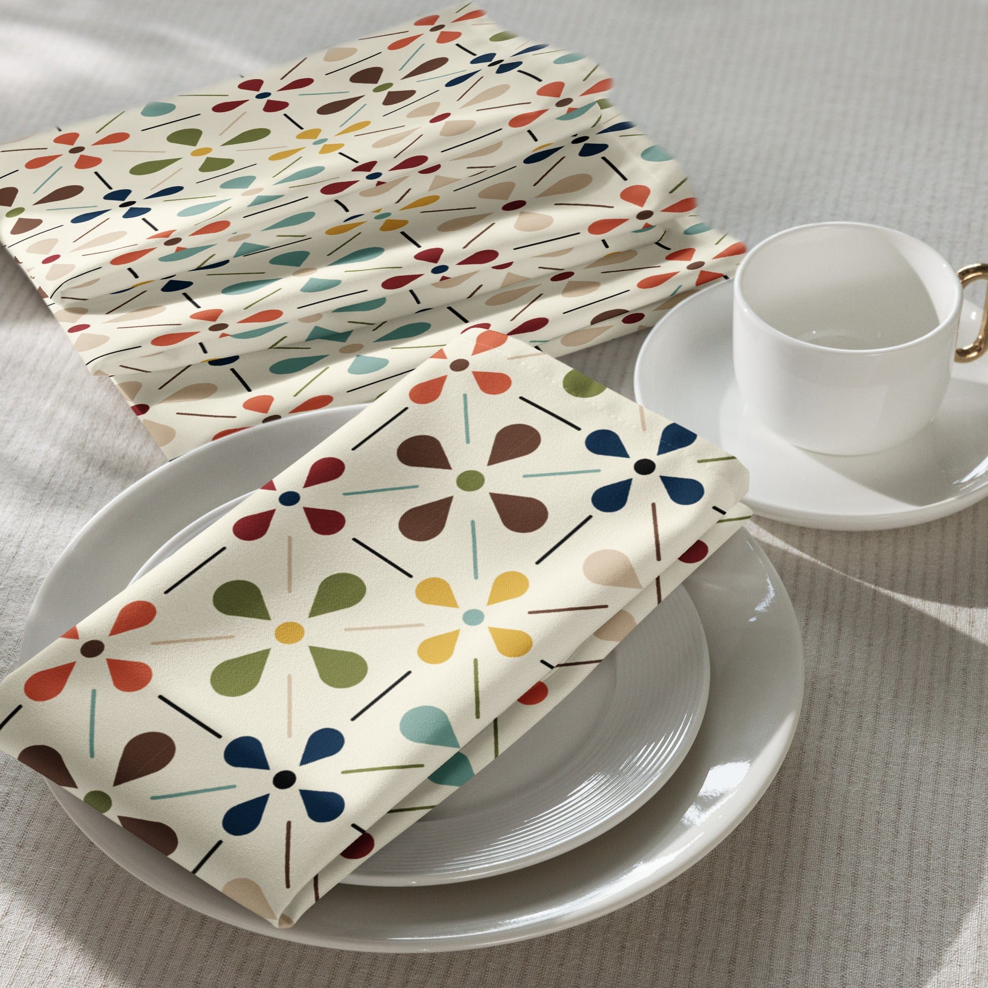 Kate McEnroe New York Set of 4 Mid Century Modern Retro Floral Napkins, 50s MCM Cream, Teal, Mustard, and Rust Table LinensNapkins23115185208376170214