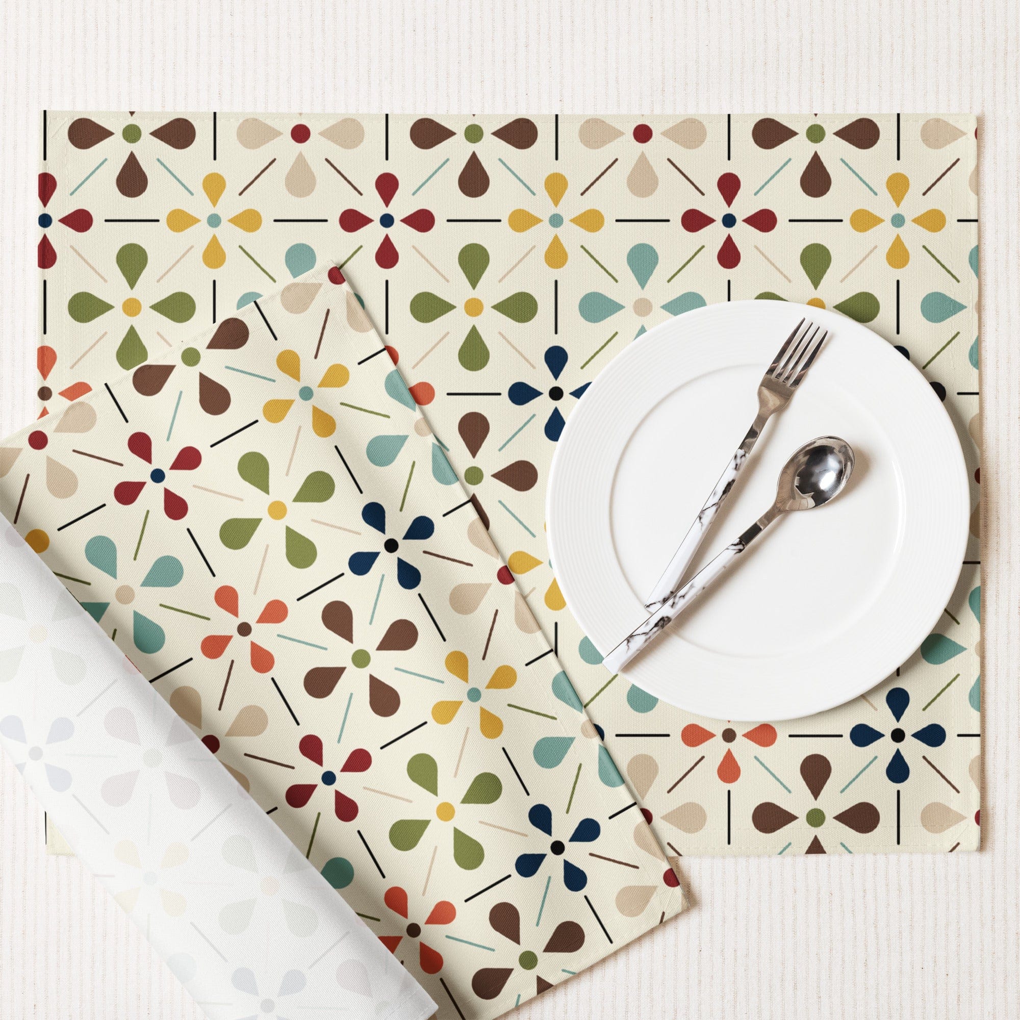 Kate McEnroe New York Set of 4 Mid Century Modern Retro Floral Placemats, 50s MCM Cream, Teal, Mustard, and Rust Table MatsPlacemats7869988_17484