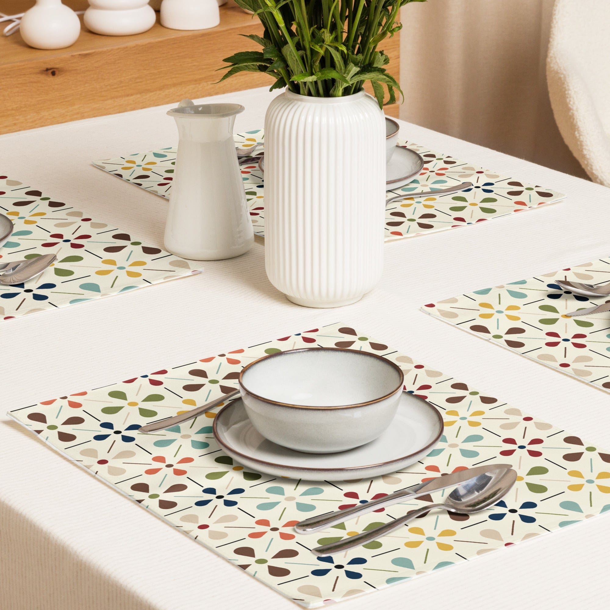 Kate McEnroe New York Set of 4 Mid Century Modern Retro Floral Placemats, 50s MCM Cream, Teal, Mustard, and Rust Table MatsPlacemats7869988_17484