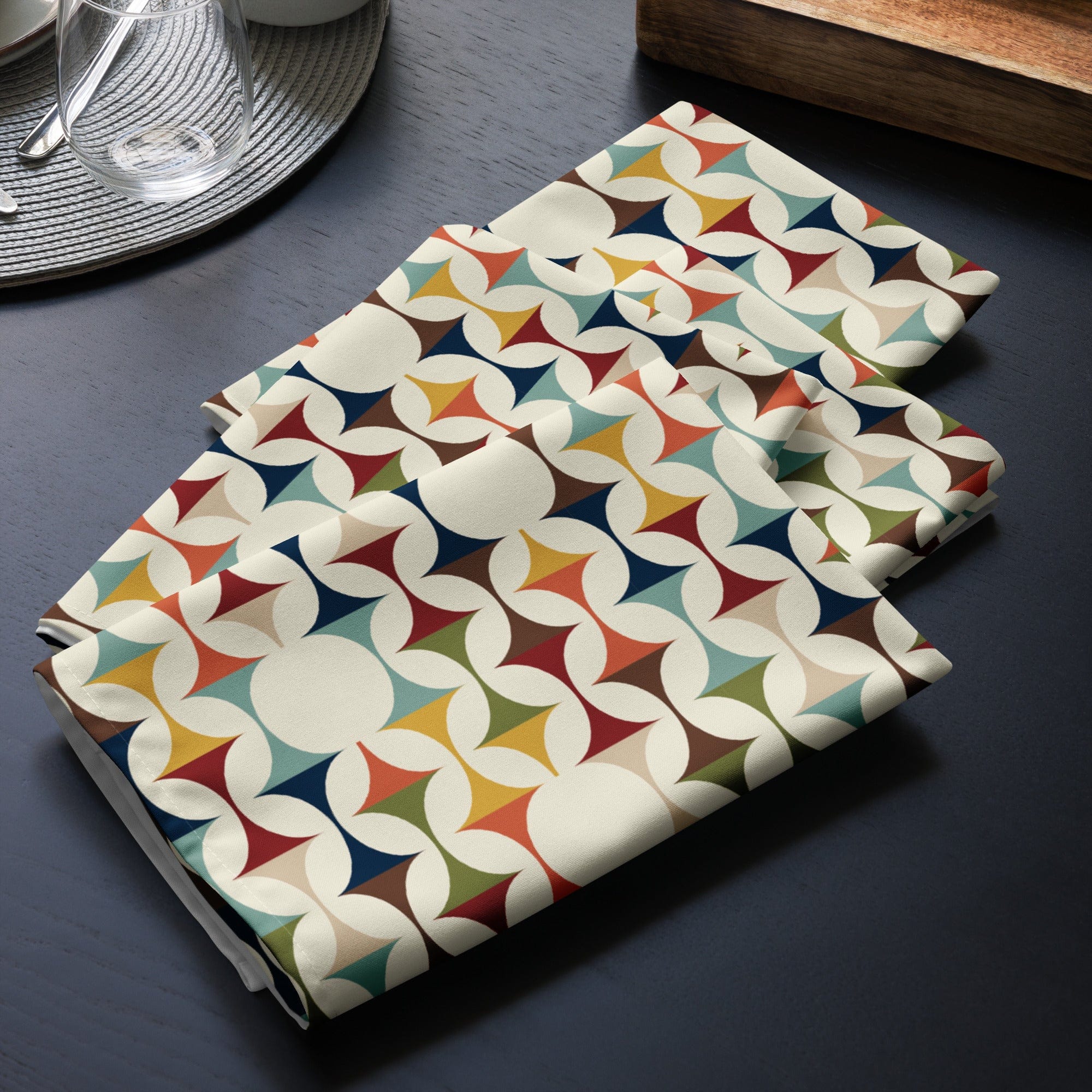 Kate McEnroe New York Set of 4 Mid Century Modern Retro Geometric Napkins, 50s MCM Cream, Teal, Mustard, and Rust Table LinensNapkins80001128031921786195