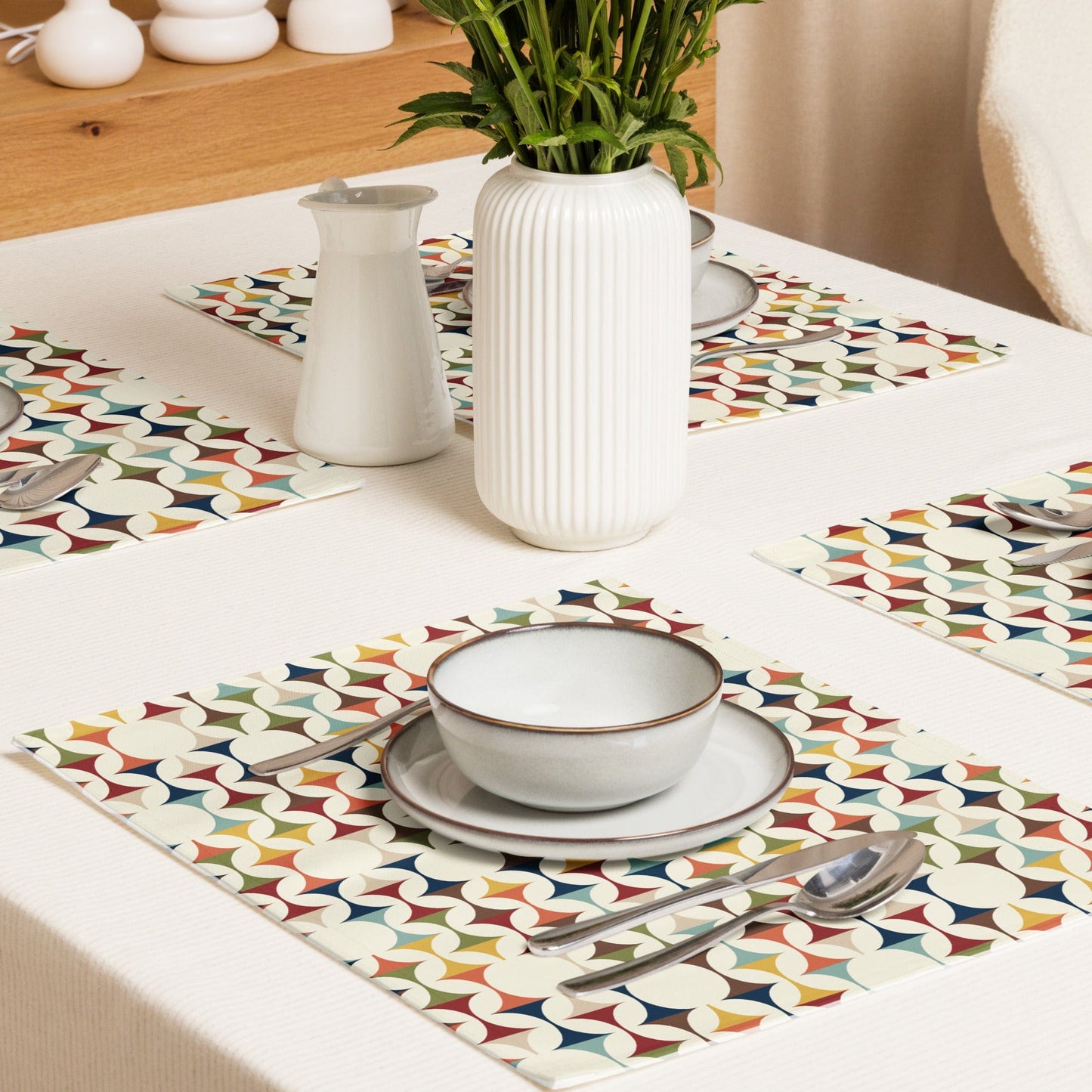 Kate McEnroe New York Set of 4 Mid Century Modern Retro Geometric Placemats, 50s MCM Cream, Teal, Mustard, and Rust Table Mats Placemats 2249194_17484