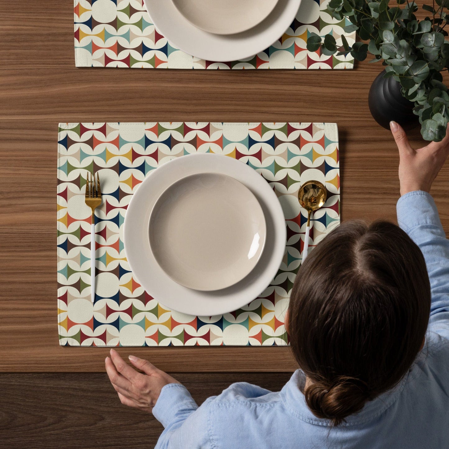 Kate McEnroe New York Set of 4 Mid Century Modern Retro Geometric Placemats, 50s MCM Cream, Teal, Mustard, and Rust Table Mats Placemats 2249194_17484