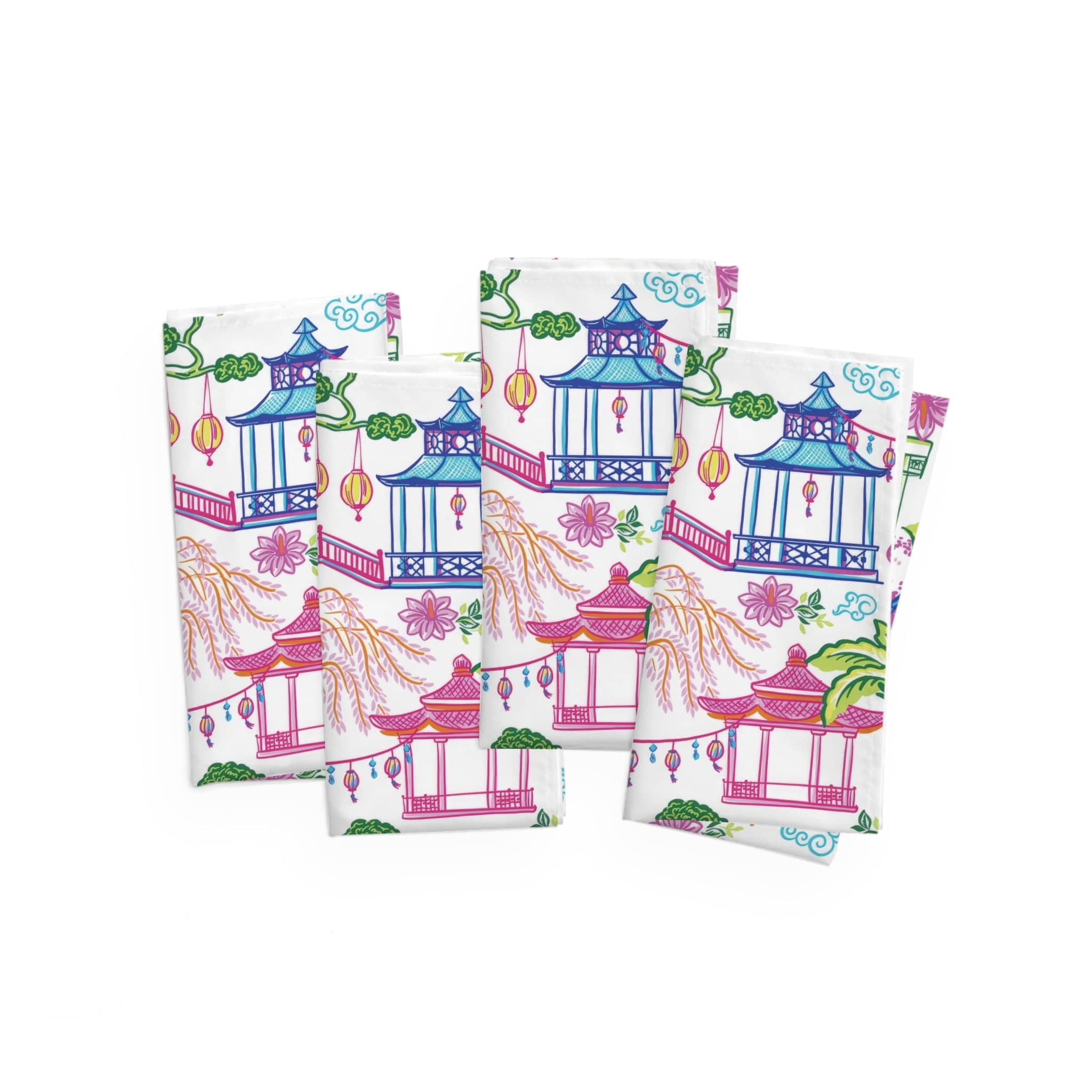 Kate McEnroe New York Set of 4 Tropical Chinoiserie Pagoda Garden Napkins in Blue, Pink, Green, Yellow by Kate McEnroe - KM13859925Napkins11967894836588908661