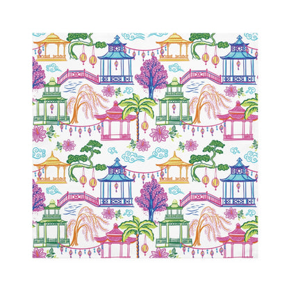 Kate McEnroe New York Set of 4 Tropical Chinoiserie Pagoda Garden Napkins in Blue, Pink, Green, Yellow by Kate McEnroe - KM13859925Napkins11967894836588908661