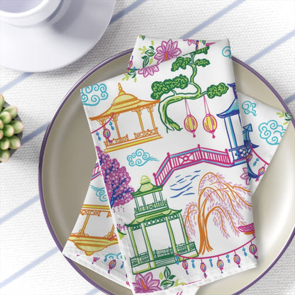 Kate McEnroe New York Set of 4 Tropical Chinoiserie Pagoda Garden Napkins in Blue, Pink, Green, Yellow by Kate McEnroe - KM13859925Napkins11967894836588908661