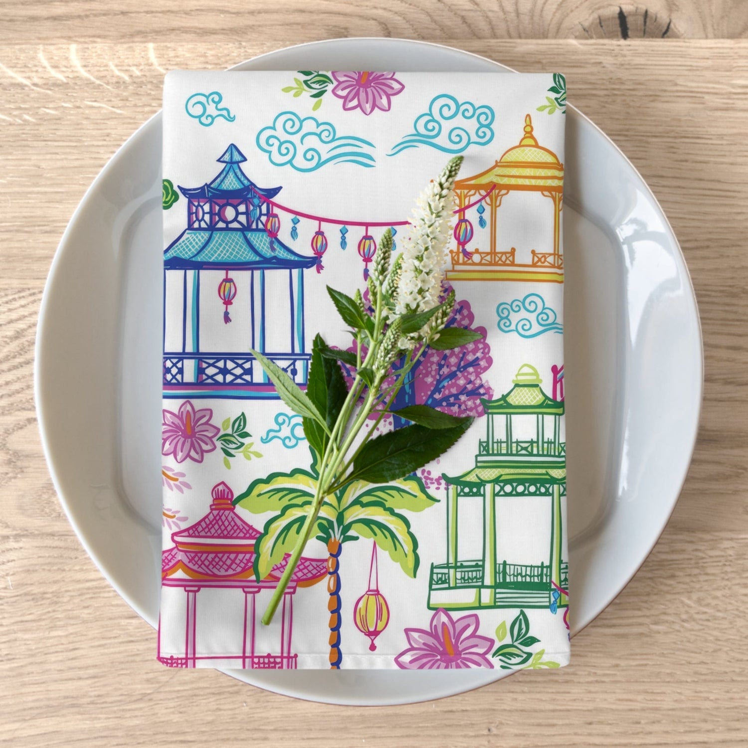 Kate McEnroe New York Set of 4 Tropical Chinoiserie Pagoda Garden Napkins in Blue, Pink, Green, Yellow by Kate McEnroe - KM13859925Napkins11967894836588908661