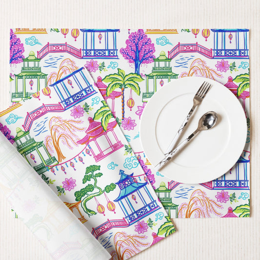 Kate McEnroe New York Set of 4 Tropical Chinoiserie Pagoda Garden Placemats in Blue, Pink, Green, Yellow by Kate McEnroe - KM13859924 Placemats 8908815_17484