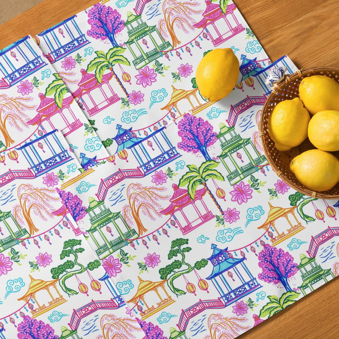 Kate McEnroe New York Set of 4 Tropical Chinoiserie Pagoda Garden Placemats in Blue, Pink, Green, Yellow by Kate McEnroe - KM13859924 Placemats 8908815_17484
