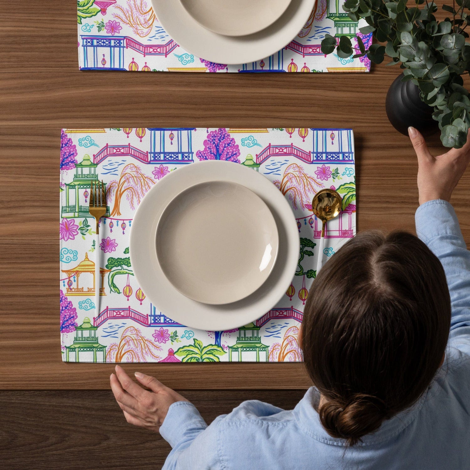 Kate McEnroe New York Set of 4 Tropical Chinoiserie Pagoda Garden Placemats in Blue, Pink, Green, Yellow by Kate McEnroe - KM13859924Placemats8908815_17484