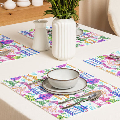 Kate McEnroe New York Set of 4 Tropical Chinoiserie Pagoda Garden Placemats in Blue, Pink, Green, Yellow by Kate McEnroe - KM13859924Placemats8908815_17484