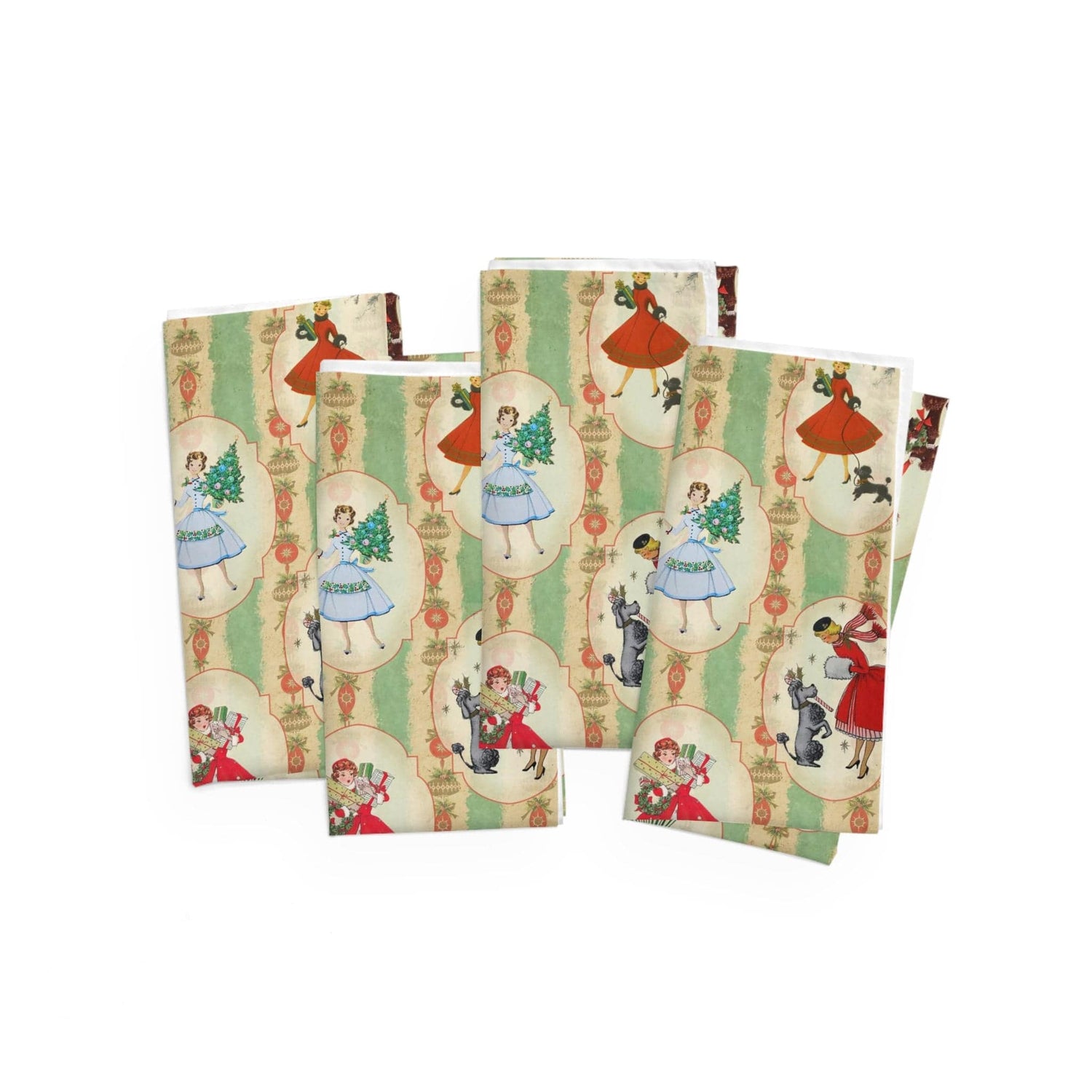 Kate McEnroe New York Set of 4 Vintage 1950s Christmas Napkins, Mid Century Modern Retro Green, Red, Women, Ladies, Housewives Holiday Table Linens - 122681223Napkins29690093392553166920