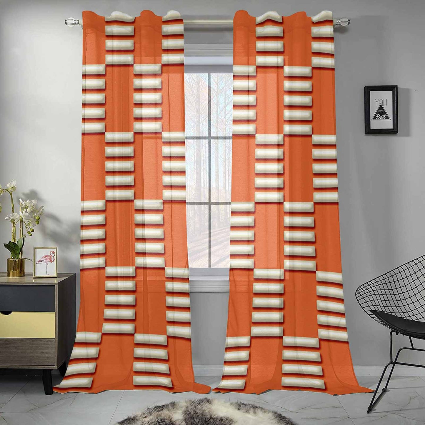 Kate McEnroe New York Sheer 2-Panel Mid Century Modern Retro Geometric Orange Beige Window Curtain 285485203629