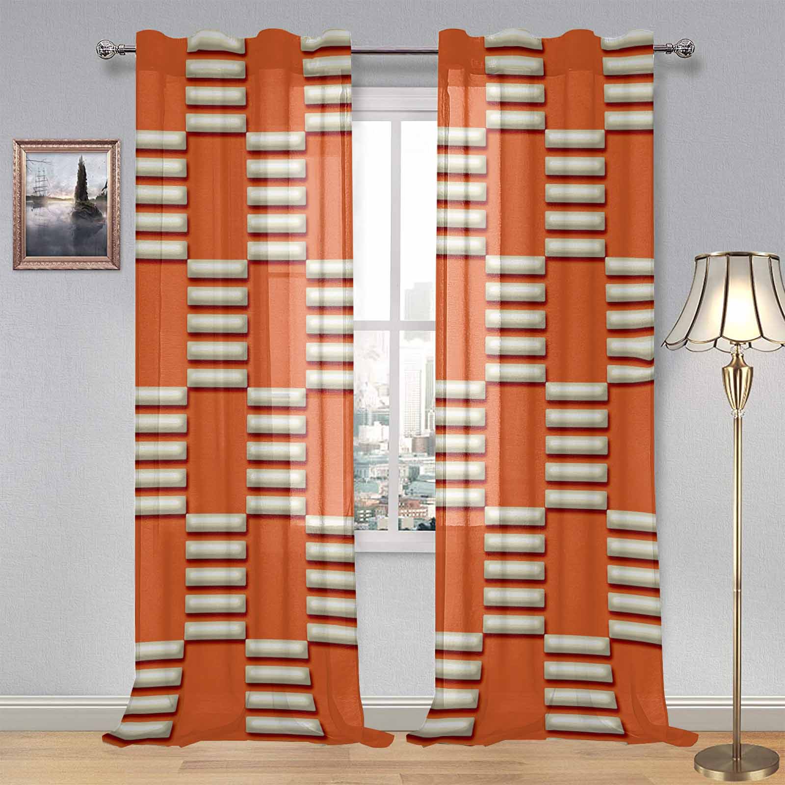 Kate McEnroe New York Sheer 2 - Panel Mid Century Modern Retro Geometric Orange Beige Window CurtainWindow CurtainsDG1517004DXH7856D