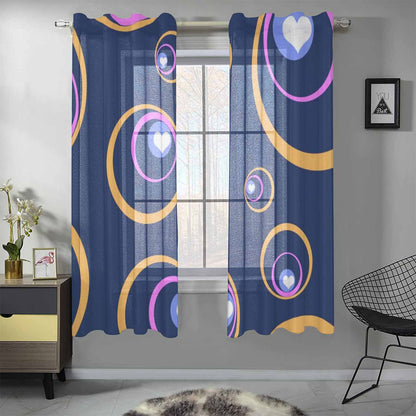 Sheer 2-Panel Window Curtains in 70s Retro Looping Heart