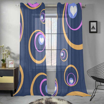 Sheer 2-Panel Window Curtains in 70s Retro Looping Heart
