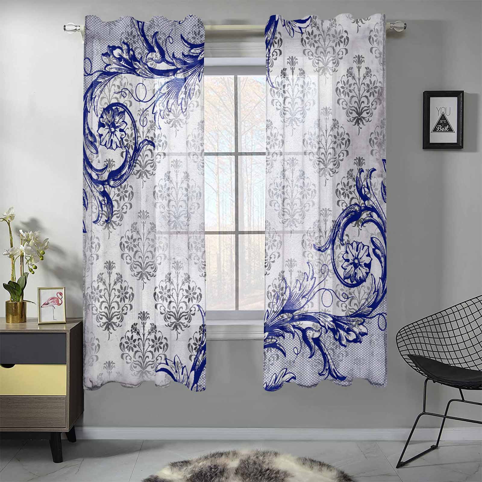 Sheer 2-Panel Window Curtains in Gothic Damask Print