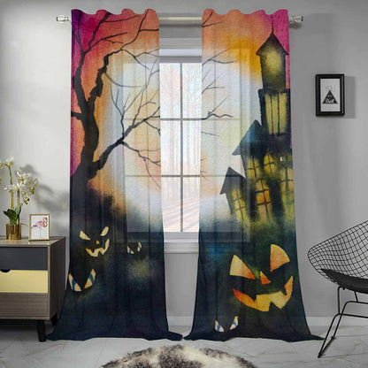 Sheer 2-Panel Window Curtains in Haunted House Jack O Lanterns