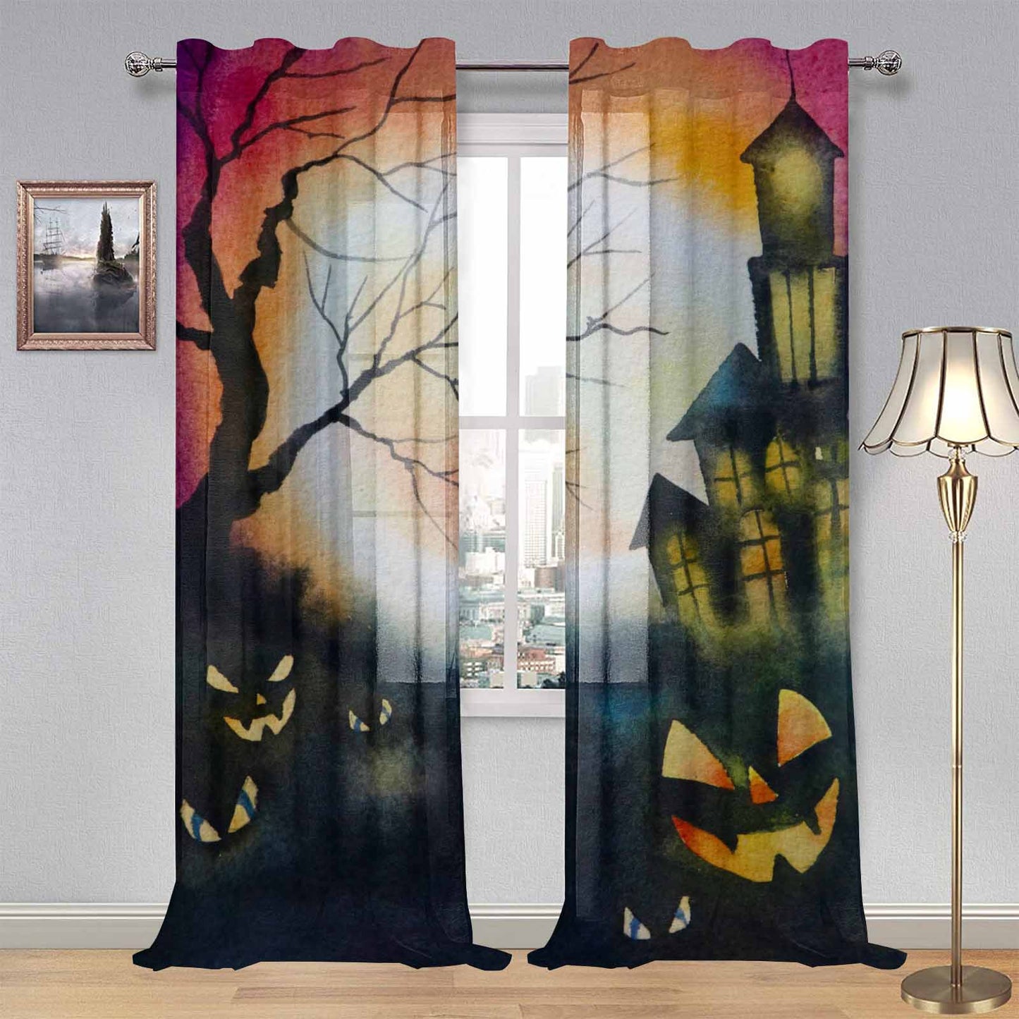 Sheer 2-Panel Window Curtains in Haunted House Jack O Lanterns