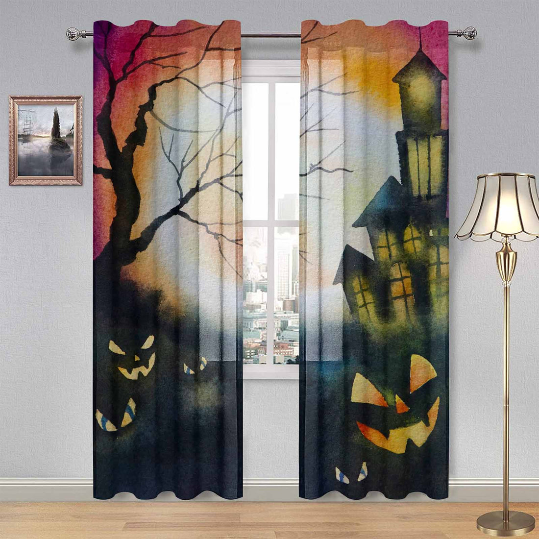 Kate McEnroe New York Sheer 2 - Panel Window Curtains in Haunted House Jack O LanternsWindow CurtainsDG1169874DXH7858D