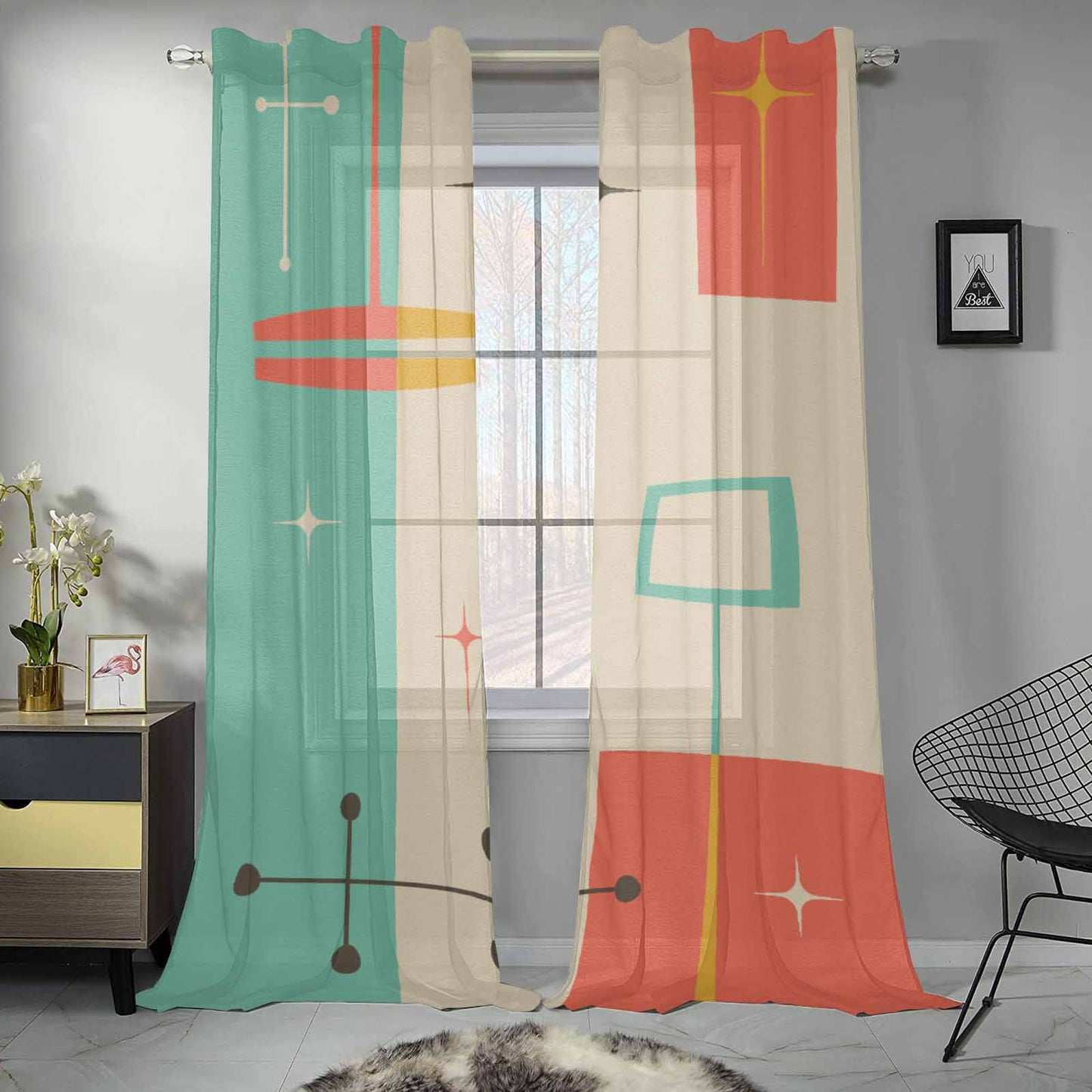 Sheer 2-Panel Window Curtains in Mid Century Modern Geometric Abstract Print
