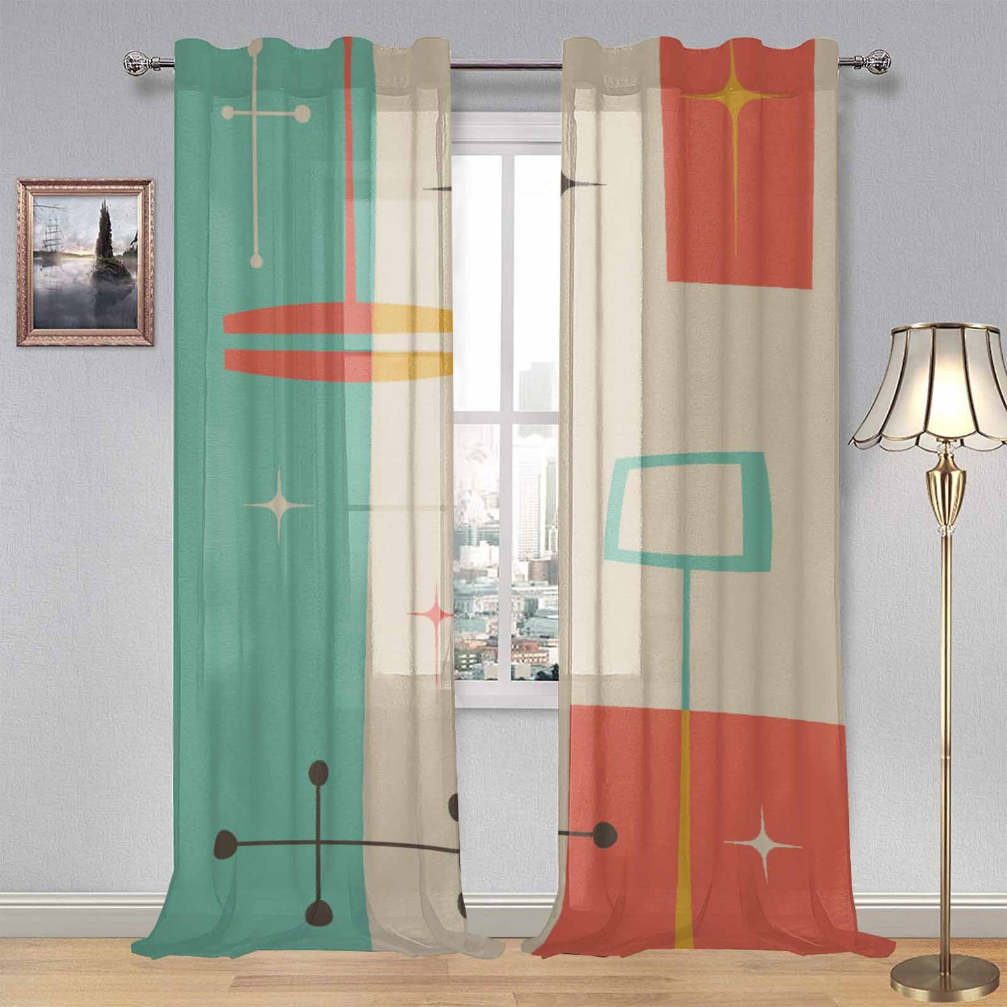 Sheer 2-Panel Window Curtains in Mid Century Modern Geometric Abstract Print