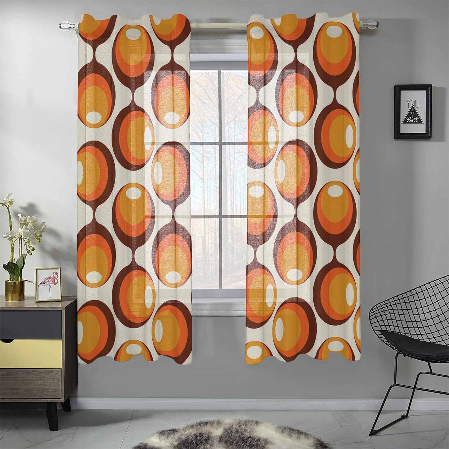 Sheer 2-Panel Window Curtains in Mid Century Modern Geometric Groovy Print
