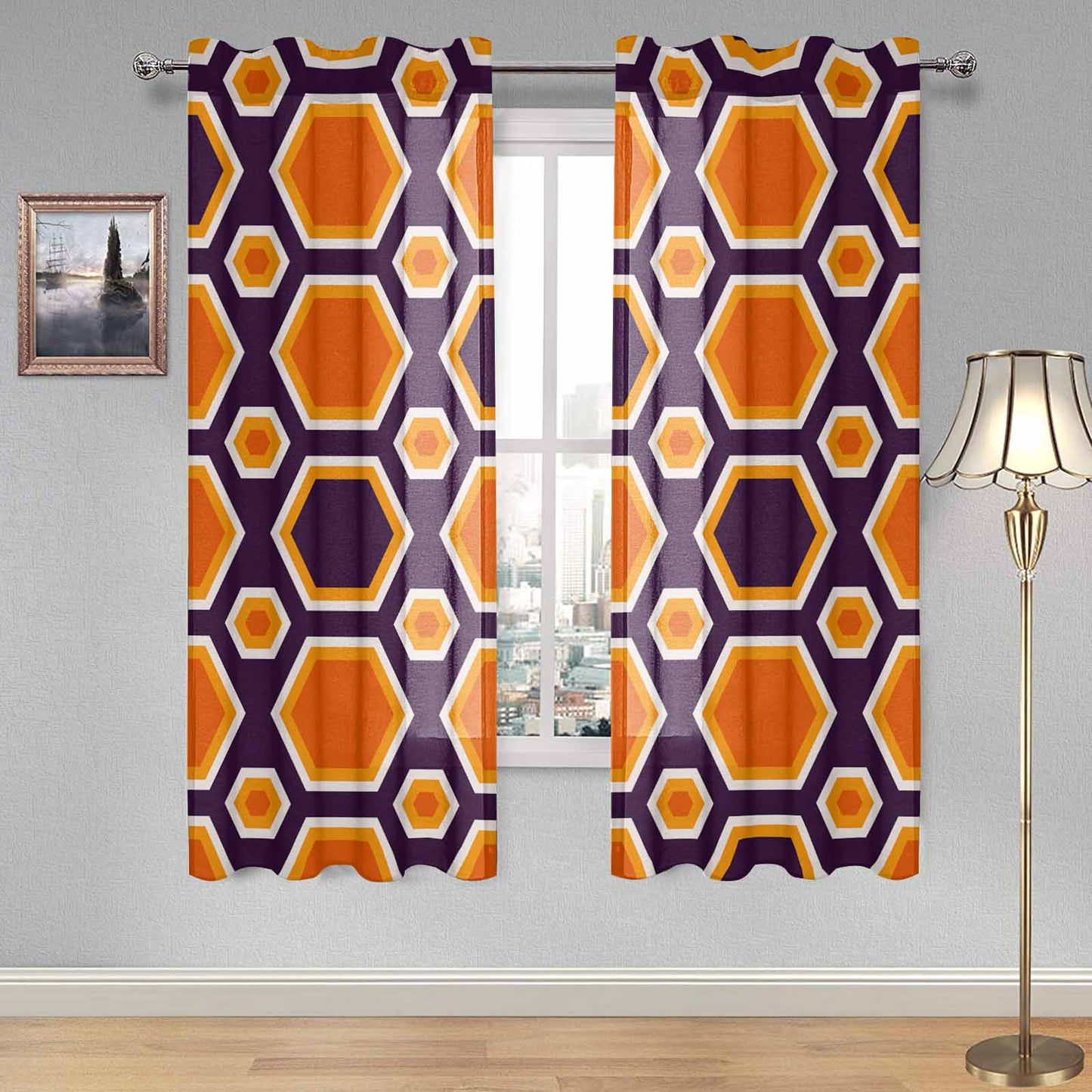 Sheer 2-Panel Window Curtains in Mid Century Modern Geometric Halloween Orange