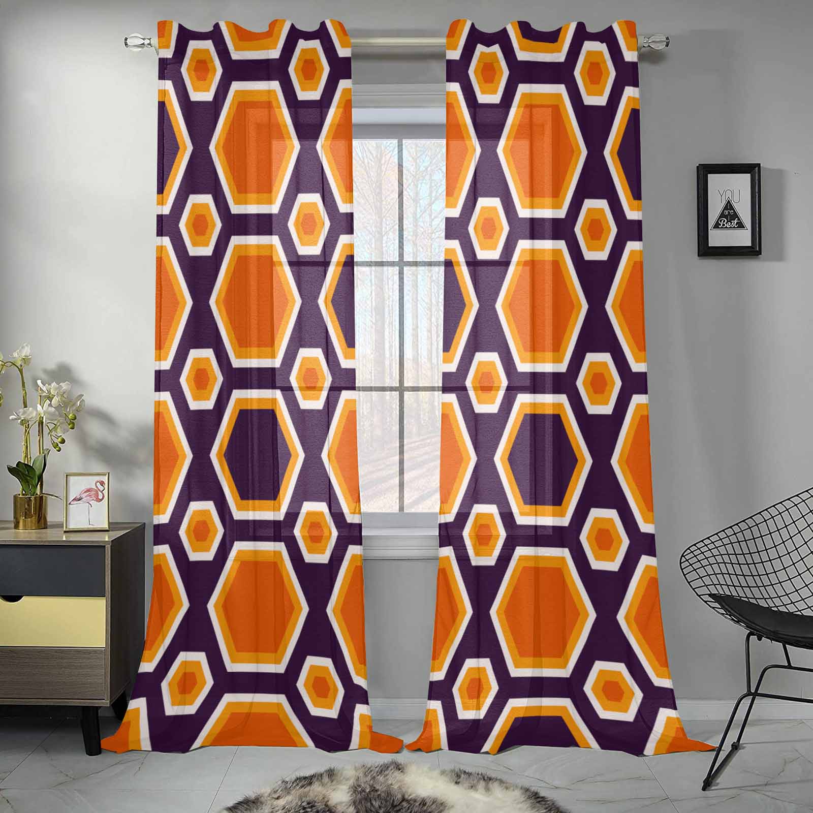 Kate McEnroe New York Sheer 2 - Panel Window Curtains in Mid Century Modern Geometric Halloween OrangeWindow CurtainsDG1169876DXH7858D