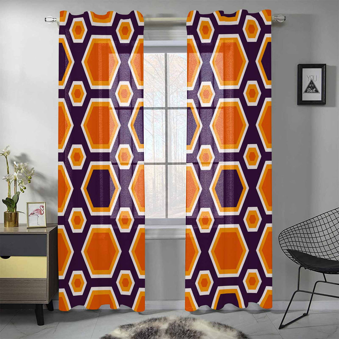 Kate McEnroe New York Sheer 2 - Panel Window Curtains in Mid Century Modern Geometric Halloween OrangeWindow CurtainsDG1169991DXH7857D