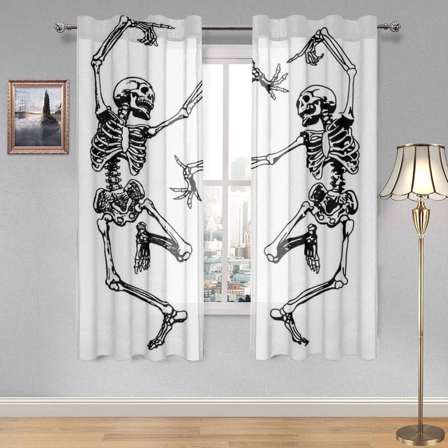 Sheer 2-Panel Window Curtains in Monochrome Dancing Skeletons
