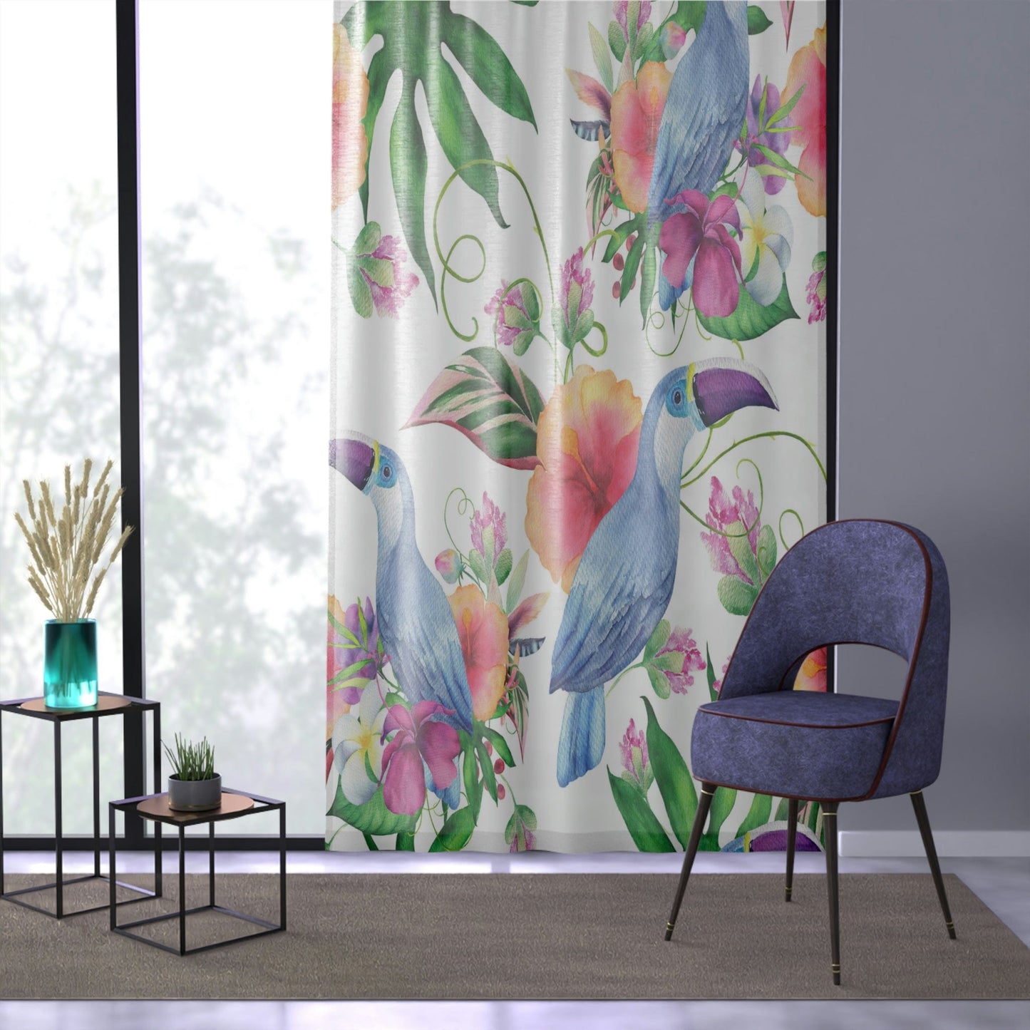 Sheer Window Curtain In Watercolor Toucan Floral Art
