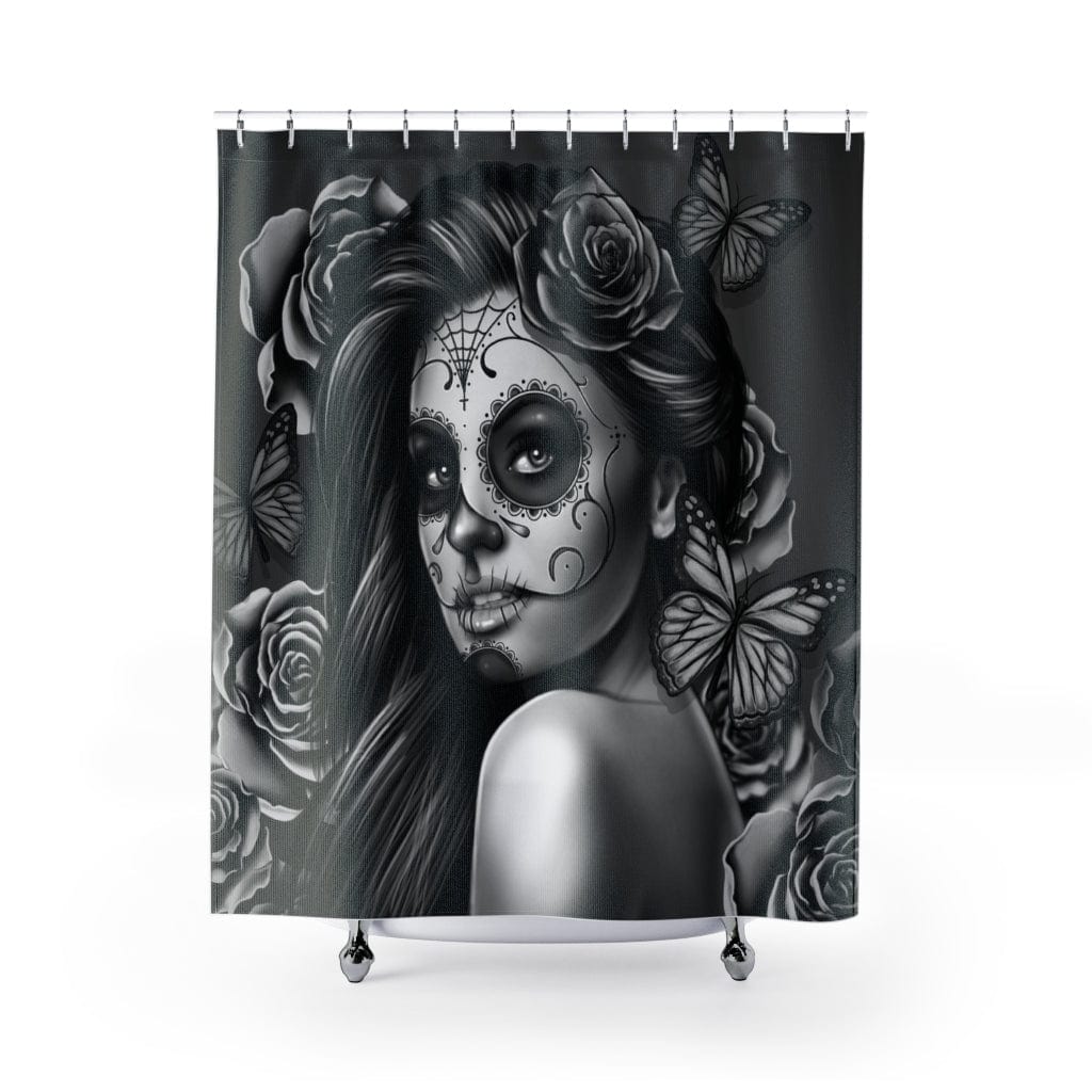 Kate McEnroe New York Shower Curtain in Grey Calavera Day of the Dead Dia De Los Muertos Halloween Skull Design Home Decor 71&quot; × 74&quot; 42211247287697916721