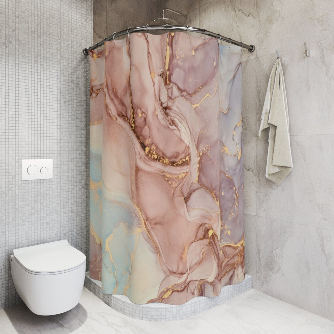 Kate McEnroe New York Shower Curtain in Pastel Peach, Blue, Gold Marble Print, Custom Designed, Waterproof, Machine Washable Standard Fit Bath CurtainsShower CurtainsS40 - MAR - PEA - 7X9P