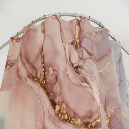 Kate McEnroe New York Shower Curtain in Pastel Peach, Blue, Gold Marble Print, Custom Designed, Waterproof, Machine Washable Standard Fit Bath CurtainsShower CurtainsS40 - MAR - PEA - 7X9P